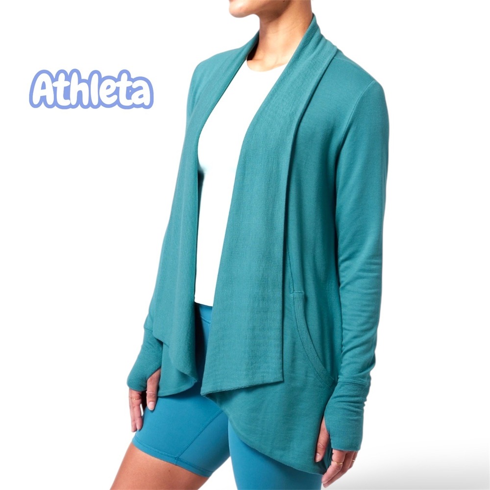 Athleta Pranayama Wrap Cardigan Teal Blue Ribbed Thumbholes Size S